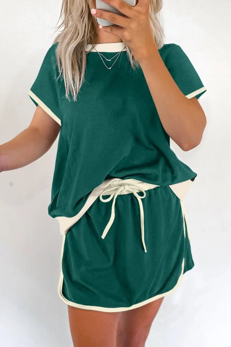 Evergreen Colorblock Edge Drop Shoulder T Shirt and Skort Set - Love Salve